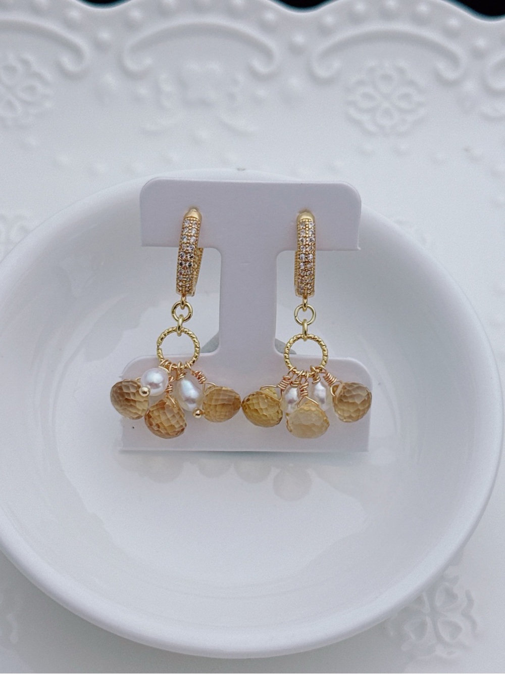 26E523 Handmade Freshwater Pearl High Quality Faceted Citrine Huggies Earring